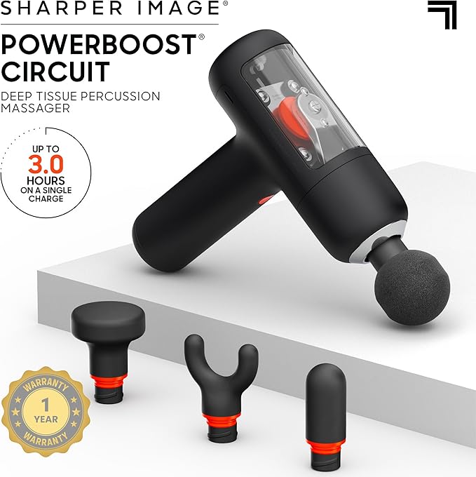 Sharper Image PowerBoost Circuit Massage Gun| Upgraded Deep Tissue Percussion Massager with 6 Speeds| 4 Attachments| Quiet Brushless Motor| Cordless Muscle Recovery Tool with Carry Case