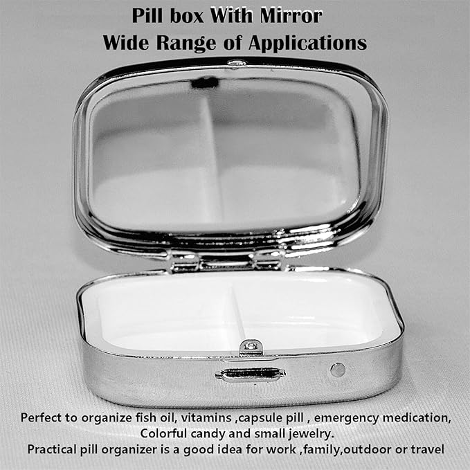 ABLESKY Pill Box, 2 Compartment Pill Organizer Case for Pocket or Purse, Small Portable Metal Travel Medicine Box with Mirror, Daily Vitamins Fish Oil Container-Almond Blossoms