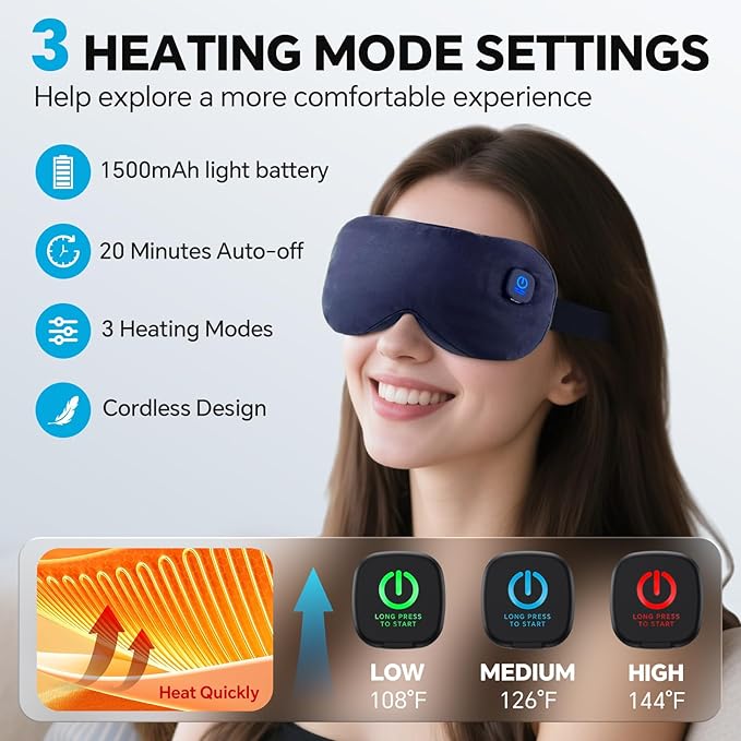 Cordless Heated Eye Mask for Dry Eyes Relief, with 3 Heat Settings, Washable Eye Cover, Warm Heating Pad for Stye Eye Treatment & Travel Use