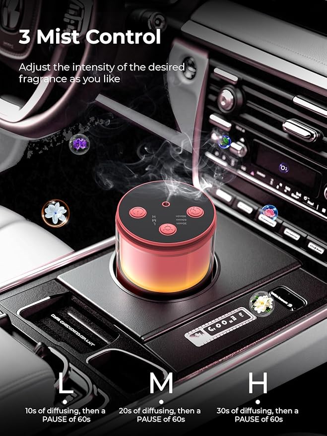 Waterless Diffuser for Essential Oil: Mini Battery Scent Diffuser for Room&Home&Car with 9 Colors LED Light - Aroma Cool Mist Machine Bright Red