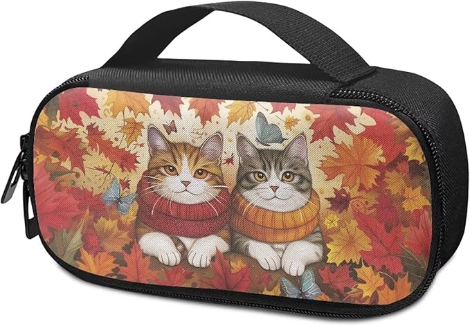Cat Maple Leaves Insulin Pen Cooler Travel Case Thanksgiving Decor Glucose Meter & Diabetic Supplies Storage Carrying Bag for Needles,Infusion Sets, Insulin Cartridges, Tester Strips