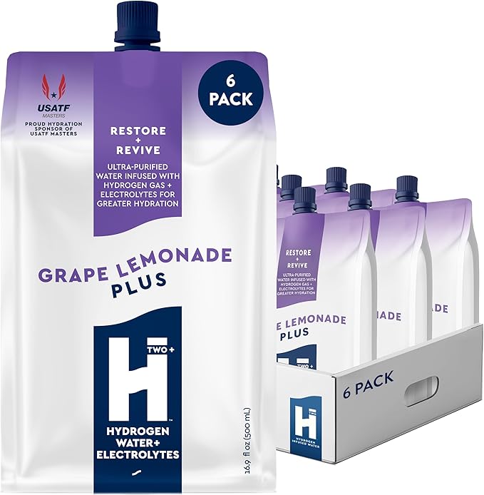 HTWO Plus Molecular Hydrogen Water with Electrolytes, Grape Lemonade Flavor, Sugar Free Hydration Packets, 16.9oz 6 Pack, Energy Sports Drink, Performance & Recovery Support, Alternative to Hydrogenated Tablet - no Prep/Mess, 15 ppm