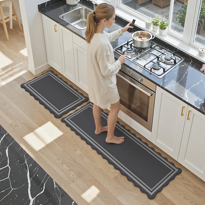 KIMODE Anti Fatigue Mats for Kitchen Floor 17"x59"+17"x29", Dark Grey Farmhouse Kitchen Rugs Sets of 2, Cushioned Kitchen Floor Mat Non Skid, Memory Foam Kitchen Mat for Laundry Office Sink Desk