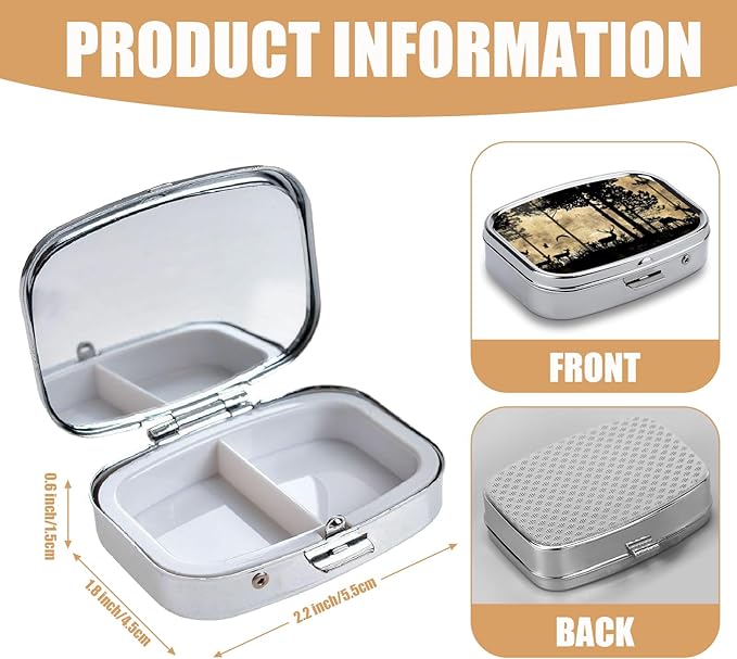 Pill Box-2 Compartment Small Pill Case Square Organizer Case with Mirror Portable Metal Medicine Box Travel Container for Pocket & Purse Women Men（Deer Pine Tree）