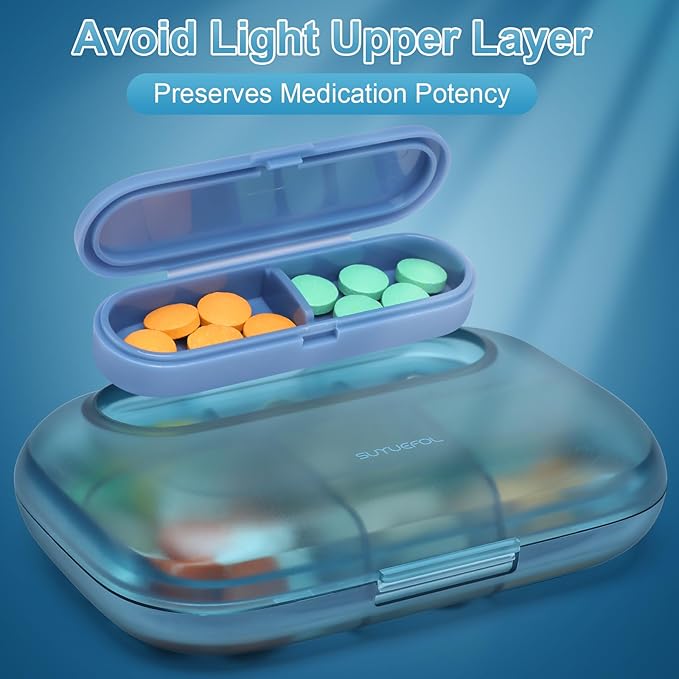 Toplive 6 Compartments Small Pill Case Travel Pill Organizer Pocket Medication Travel Case Portable Small Pill Container with Magnet Light-Proof Mini Pill Box, Blue