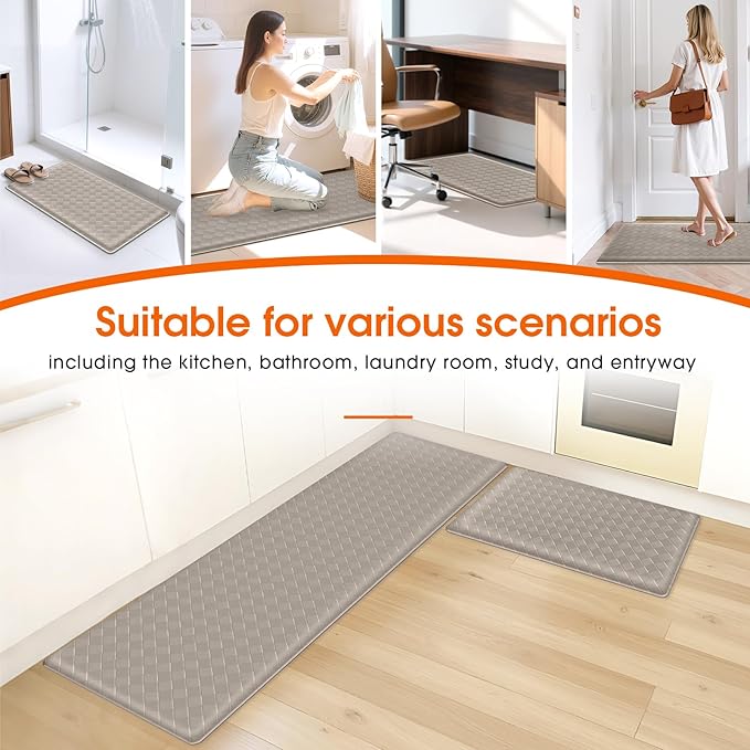 Kitchen Mats, 2PCS Kitchen Rugs, Cushioned Anti Fatigue Kitchen Mats for Floor, Non-Slip Standing Desk Mat, Waterproof Kitchen Rug Set for Kitchen Floor Office,17.3"×30"+17.3"×59" Brown