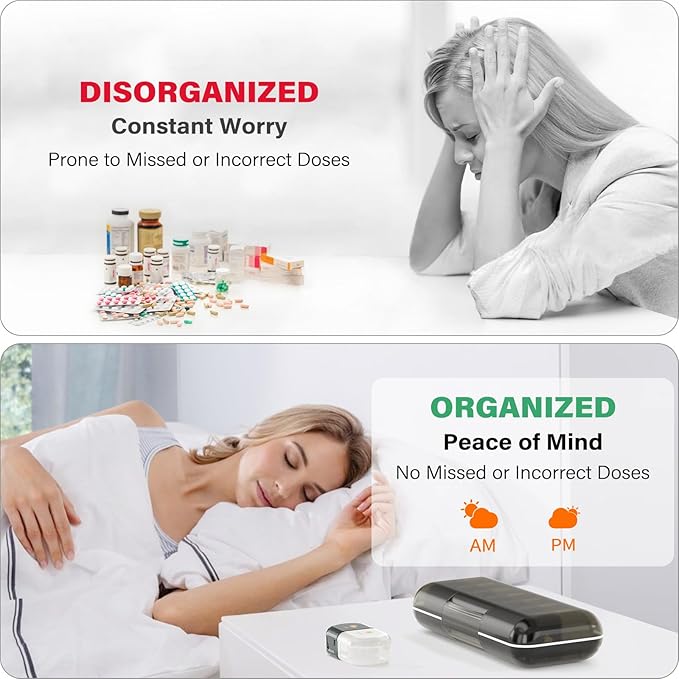 Weekly Pill Organizer 2 Times a Day, Moisture-Proof, Detachable Compartments, AM PM Pill Box 2X 7 Day, Travel Pill Organizer for Pills/Fish Oil/Medication/Vitamin/Supplements (Black)