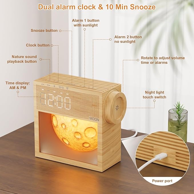 Sound Machine Alarm Clock with Sunrise Gentle Wake-Up Light, White Noise Machine with 20 Soothing Sounds for Sleeping, Dual Alarms, Snooze, Timer, Dimm Night Light for Bedroom, Gifts for Women