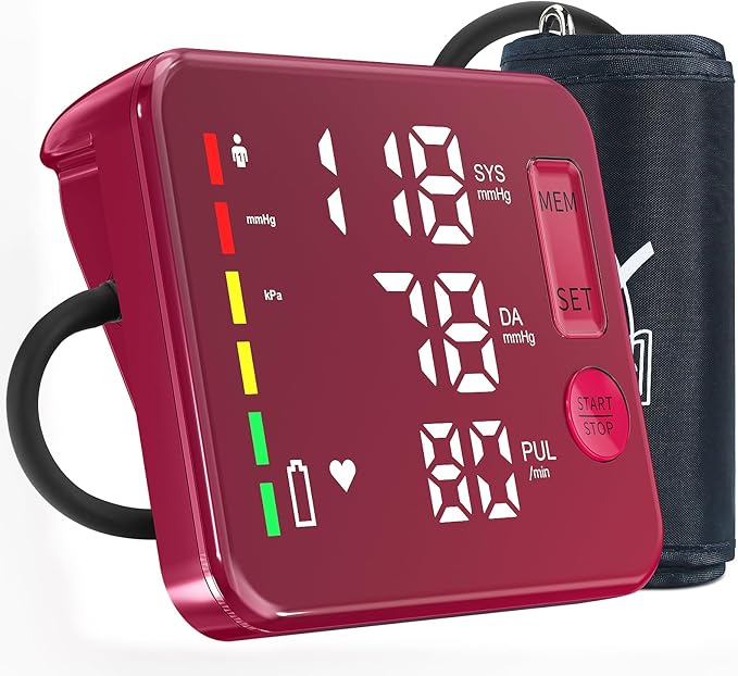 Blood Pressure Monitor Rechargeable Upper Arm Blood Pressure Monitors for Home Use Large Screen Bp Machine with Bp Cuff, 2x120 Memory, Voice Broadcast Bp Monitor(Red)