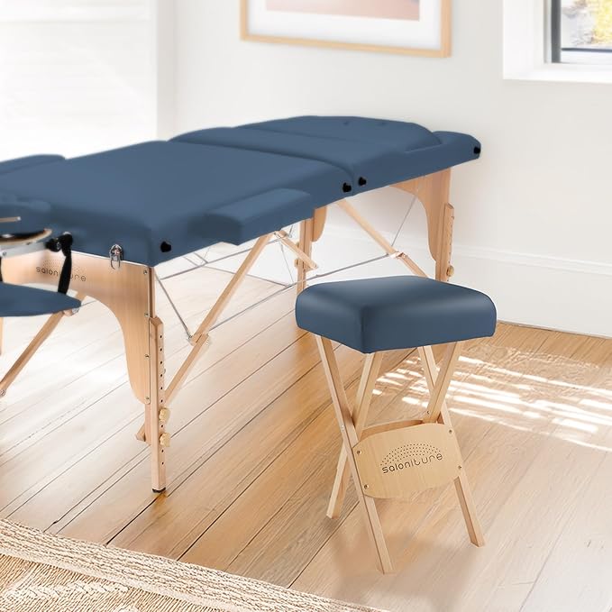 Saloniture Wood Folding Massage Stool with Carrying Case, Blue