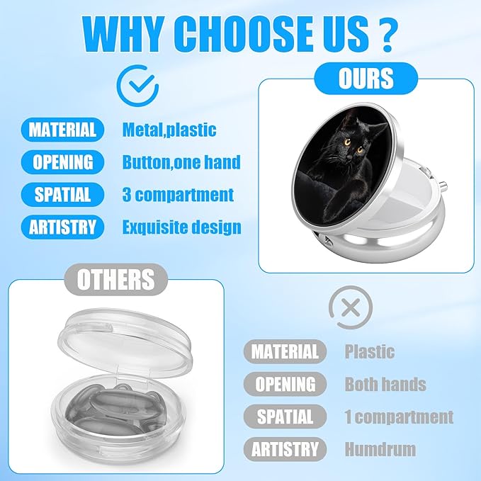 Pill Box, 3 Compartments Small Pill Case Travel Portable Metal Medicine Box with Mirror Mini Container for Purse Pocket Women Men(Black Cat)