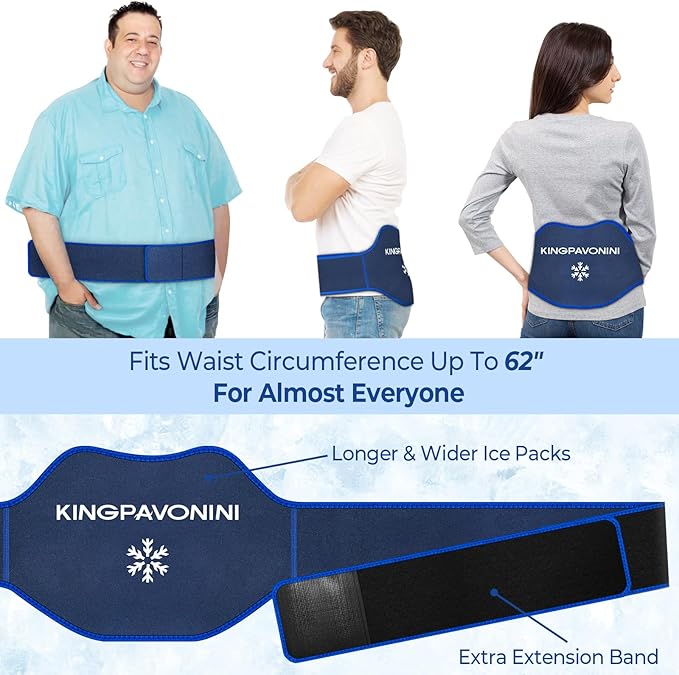 KingPavonini Extra Large Ice Pack for Back Pain Relief with Extension Strap, 1 Gel Pack Reusable Lower Back Ice Wrap for Lumbar Surgery, Sciatica, Herniated Disc, Coccyx Pain, Cold/Hot Therapy