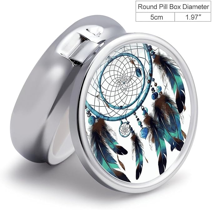 Native American Dream Catcher Pill Box Travel Pill Case for Purse Pocket Weekly Medicine Organizer with Mirror 3 Compartment Round Medicine Case Portable PillcaseHolder for Daily