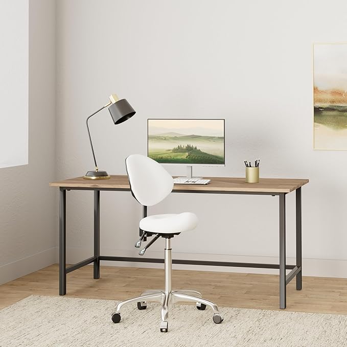Kaleurrier Ergonomic Rolling Swivel Saddle Stool with Wheels - Hydraulic Lifting Height Adjustable Saddle Chair for Clinic Hair Salon Lab Kitchen Office Drafting Chairs (White, with Back)