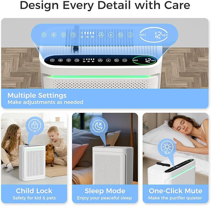 Air Purifiers For Home With Air Quality Display Cover Area Up to 2152 Sq.Ft Equipped with True H13 HEPA Washable Filter Air Cleaner with Fragrance Sponge for Bedroom Dorm Room, DH-JHD08(White)