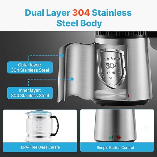 VEVOR Water Distiller, 4L/1.1 Gallon Pure Water Purifier Filter for Home Countertop, 750W Distilled Water Maker, Stainless Steel Interior Distiller Water Making Machine to Make Clean Water, Silver