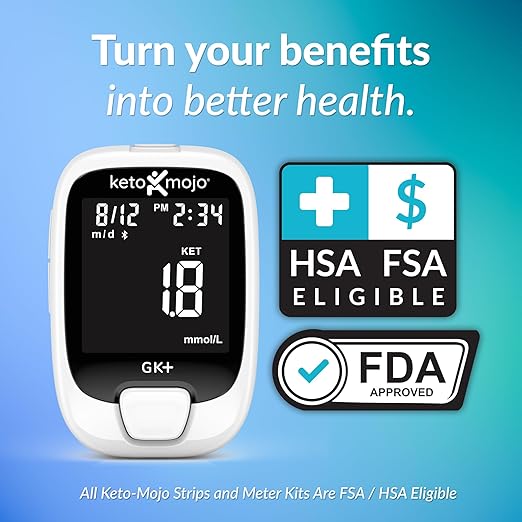 KETO-MOJO GK+ Bluetooth Glucose & Ketone Testing Kit + Free APP for Ketosis & Diabetes Support. 20 Blood Test Strips (10 Each), Meter, 20 Lancets, Lancing Device, and Control Solutions