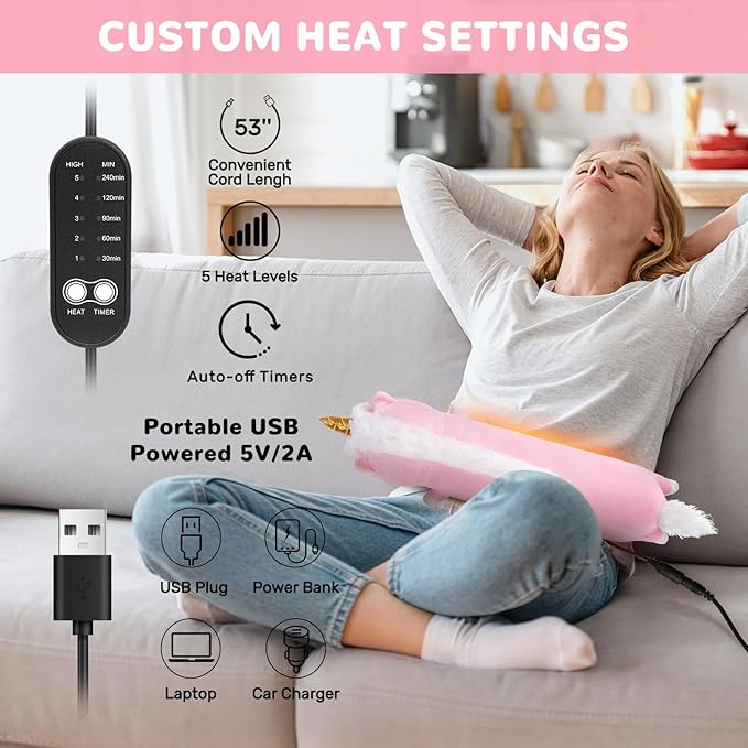 Unicorn Heating Pad for Period Cramps Menstrual Pain Relief, Portable Electric Heat Pads USB Powered, Cute Unicorn Plush Stuffed Animals Gifts, Funny Gift for Women Teen Girls Birthday Christmas