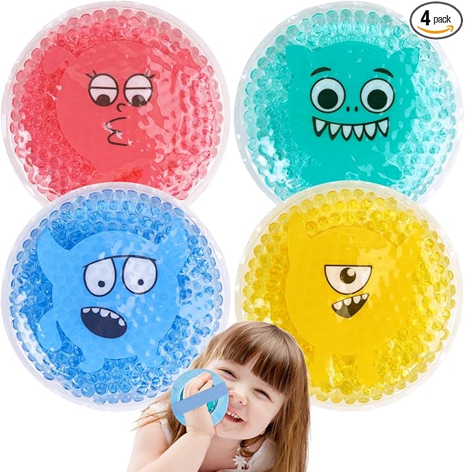 Hilph Small Ice Packs for Injuries Reusable, 4 Round Cute Soft Ice Packs with 1 Sleeve with Strap for Injuries, Hot Cold Therapy for Pain Relief, Bump, Bruise, First Aid