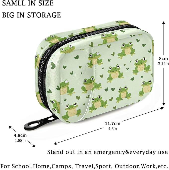 Fustylead Cute Green Happy Frog and Hearts Travel Pill Organizer Bag with Zipper Small Pill Box 7 Day Pill Case for Purse Storage Weekly Vitamin Medicine Supplement