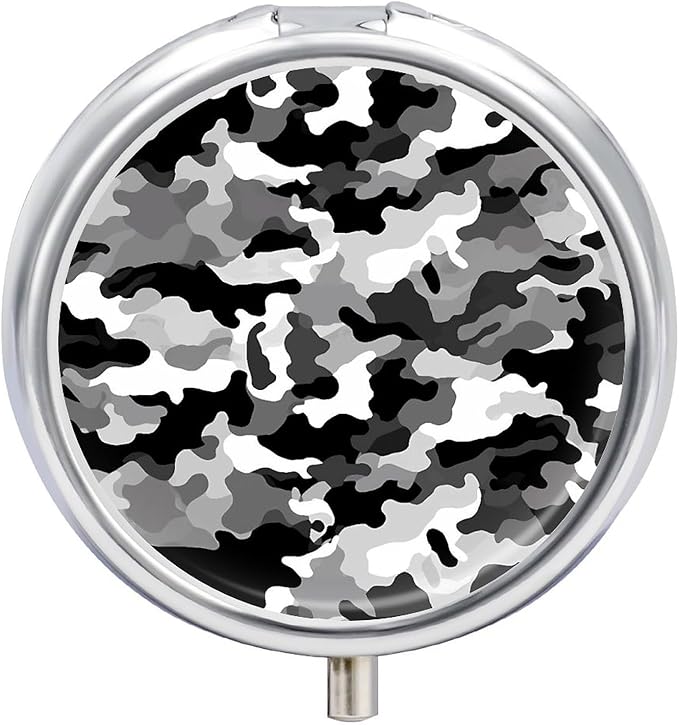 Black Grey White Camo Pill Case Metal Round Portable Pill Box,Waterproof Travel Pills Organizer Vitamins Medicine Storage Box for Travel Or Daily