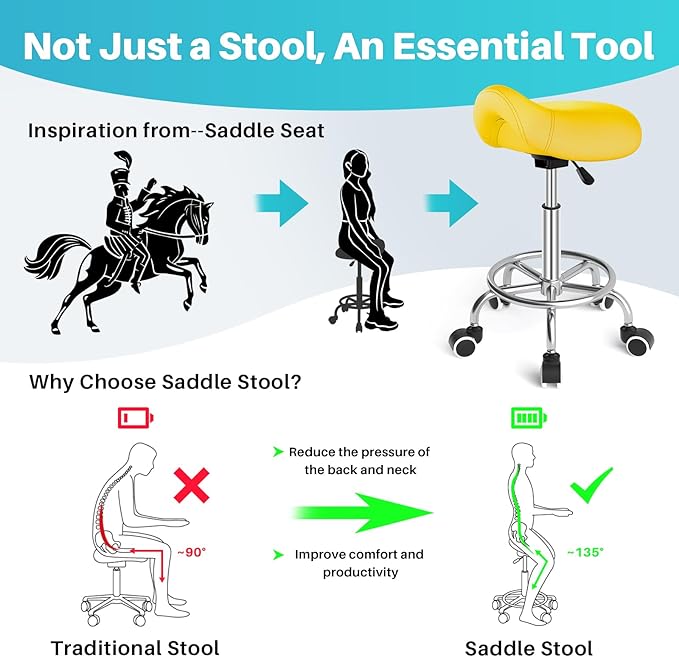 YEEZEE Saddle Stool Ergonomic- Comfortable Rolling Saddle Stool with Wide Thick Saddle Seat Padding, Swivel Adjustable Saddle Chair with Wheels and Ring Pedal for Medical Massage Salon (Yellow)