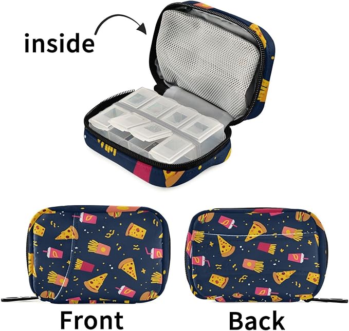 Cute Navy Blue Fast Food Travel Pill Organizer Case Box Container Weekly Portable Vitamin Medicine Holder Storage Bag with Zipper Removable