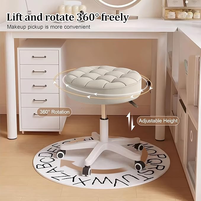 Small Rolling Stool with Wheels, PU Leather Height Adjustable Vanity Work Task Stool, 360 Swivel, Padded Seat Cushion,for Salon, Home, Office