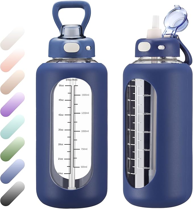 SIEROZUR 64 oz Glass Water Bottle with Straw and Handle Half Gallon Large Water Bottle with Silicone Sleeve and Time Marker Sports Water Jug Wide Mouth for Travel Gym