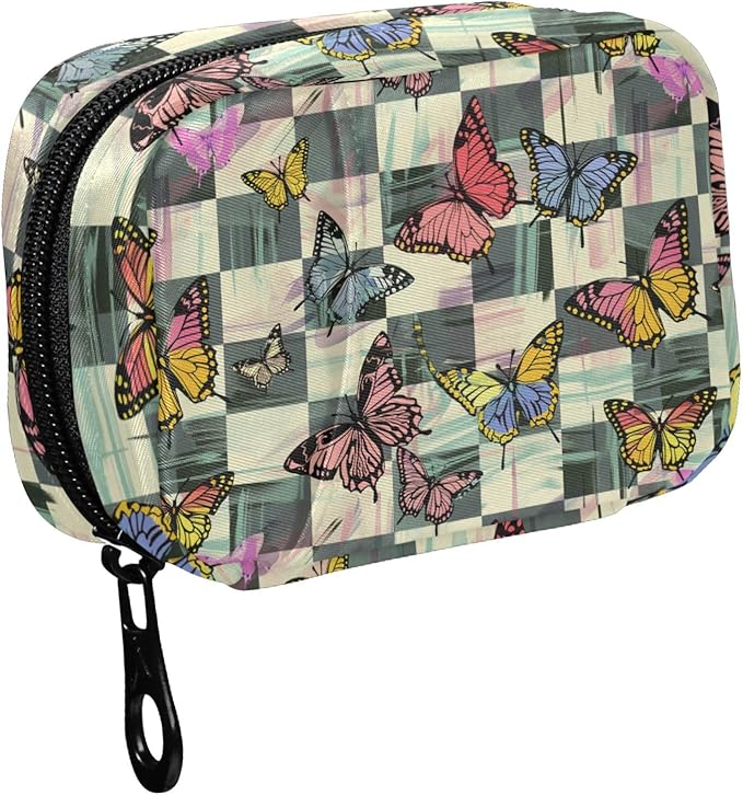 Fustylead Colorful Monarch Butterflies Print Over Checkers Background Travel Pill Case Bag with Zipper Weekly Pill Box 8 Compartments 7 Day Personal Pill Case Purse Medicine Case Organizer