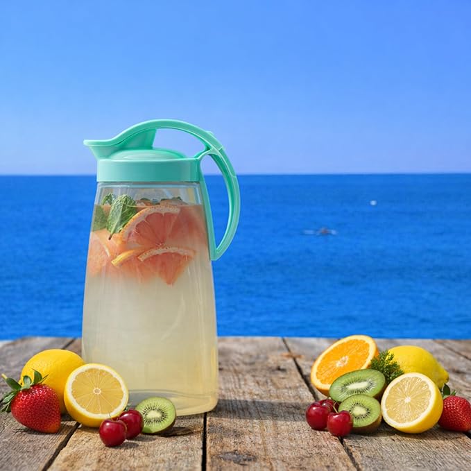 One-Touch Airtight Pitcher with Lid, 2.3QT (74oz) – Heat Resistant, Leakproof Quickpour Jug for Hot & Cold Drinks, Coffee, Tea, Water, Space-Saving, Dishwasher Safe, Made in Japan (Turquoise)