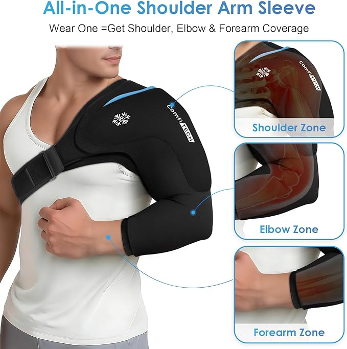 ComfiTECH Dual-Gel Shoulder Arm Ice Pack Wrap with Extended 30-Min Cooling, Detachable Cold Pack & Flexible Gel Ice Sleeve for Volleyball Pitchers, Post-Workout Recovery, Muscle Relaxation, Large