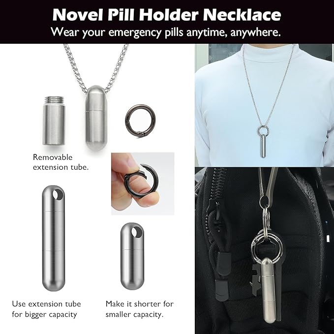 Extended Small Pill Case Necklace Titanium Mini Pill Case with Necklace Chain Tiny Pill Container for Men Waterproof Pill Holder Emergency Aspirin & Nitro Pill Case