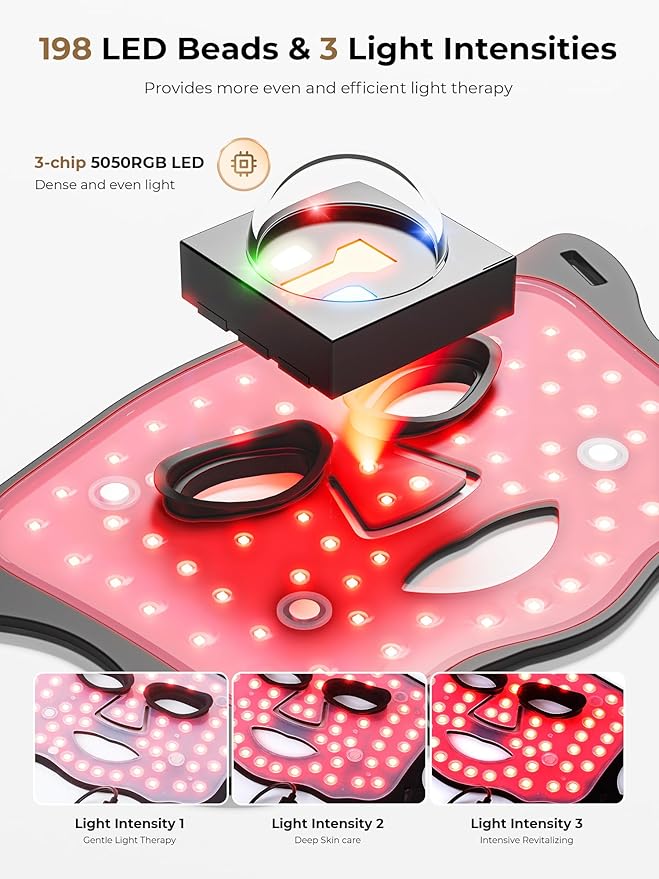 LED Light Therapy mask (E106A) for Face, LED Light Therapy Mask with Adjustable Brightness and Timer, Soft Silicone Red Light Therapy Mask for Home & Travel, Black