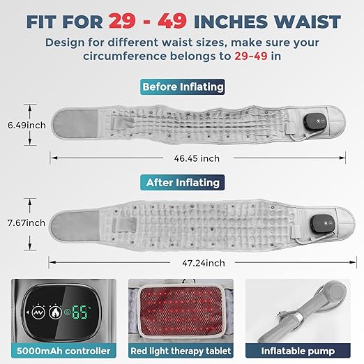 Decompression Back Brace with Red Light Therapy & Heat - 3-in-1 Lumbar Support Belt for Pain Relief, Adjustable Spinal Traction Device with Vibration Massage, Cordless Heating Pad for Men & Women