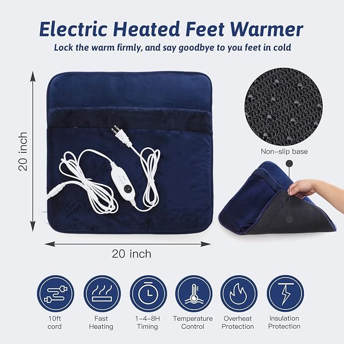 Double Sided Electric Foot Warmer with LCD Display & Machine Washable, Electric Feet Heating Pad with Non-Slip for Under Desk,Bed,Office,Home,Blue,20''*20''