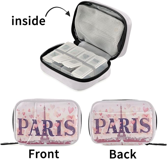 Pink Paris Medication Organizer Bag Travel Size Full-Print Zippered Pill Case with Compartments for Handbags Backpacks & More