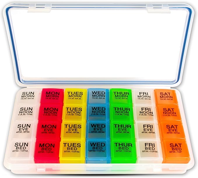 GMS 7-Day 4-Times-a-Day Pill Organizer - With Daily Removable Medication Containers - Suitable for Vitamin & Medicine Use, Secure, Sturdy, Waterproof Weekly Tablet Organizer, Ideal Pill Box for Travel