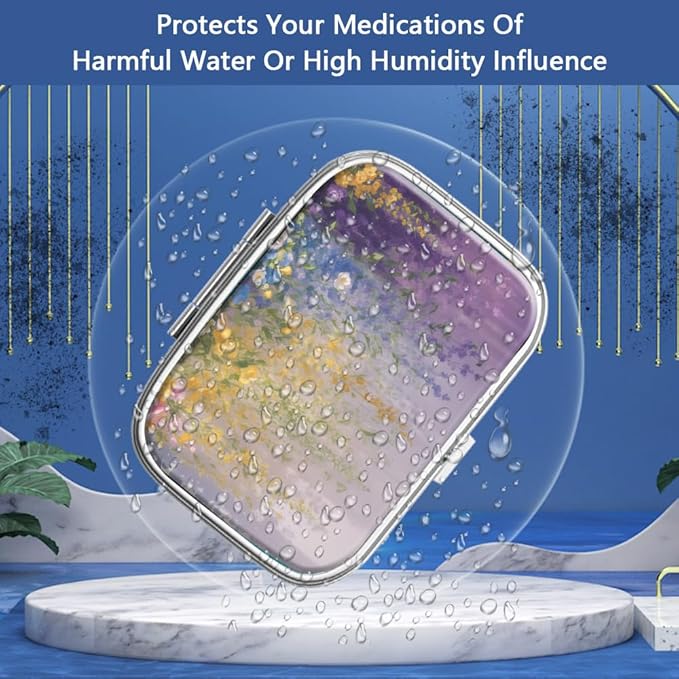 Pill Box 2 Compartment Small Pill Case,Portable for Pocket or Purse Pill Organizer Pill Container Holder to Hold Vitamins, Medication, Fish Oil and Supplements(Vintage Flower Abstract Floral)