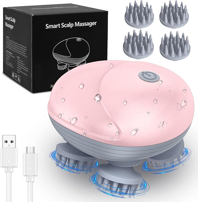 AMIR Electric Scalp Massager, Portable Head Scratcher with 96 Kneading Nodes, Handheld for Stress Relief and Pain Relief, Ideal Valentine‘s Day Gift for Her/Him (Pink)