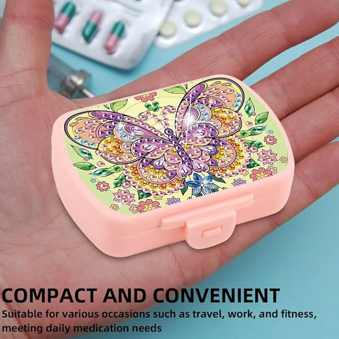 C'eitura 2pcs DIY Flower & Butterfly Diamond Art Painting Pink Pill Organizer with 6 Lid Detachable Compartments, Fun DIY Craft Project for Adults, Elegant Pill Case for Purse & Travel