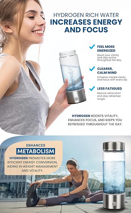 Portable Hydrogen Water Bottle - Rechargeable Hydrogen Water Ionizer Machine - Hydrogen Water Bottle Generator for Hydrogenated Pure Water - Best for Home, Office, Gym
