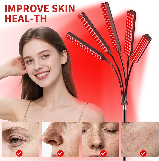 Cholas Red Light Therapy for Face Body, 5 Heads Red Infrared Light Therapy Devices with Stand, 5 Levels Adjustable Brightness 660nm and 850nm Near Infrared Light for Full Body, Muscle Gift for Women