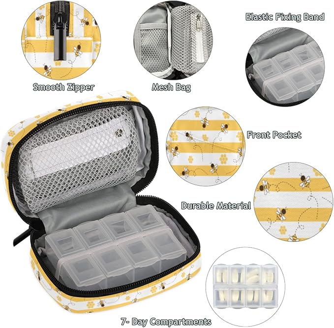 Cute Bee Pill Case - Yellow 7 Day Weekly Medicine Organizer, Travel Size Vitamin Container, Compact Portable Holder With Zipper