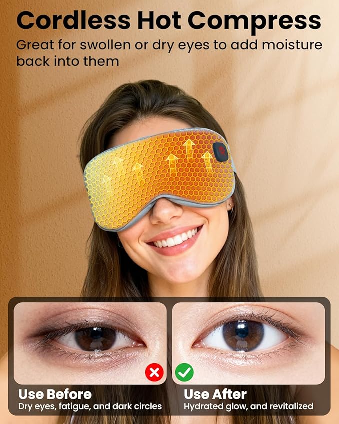 Heated Eye Mask - Cordless Eye Mask for Dry Eyes, Eye Relief, Improved Sleep, 4 Temperature, Washable Eye Heating Pad for Travel and with Replaceable Shell, Gifts for Women