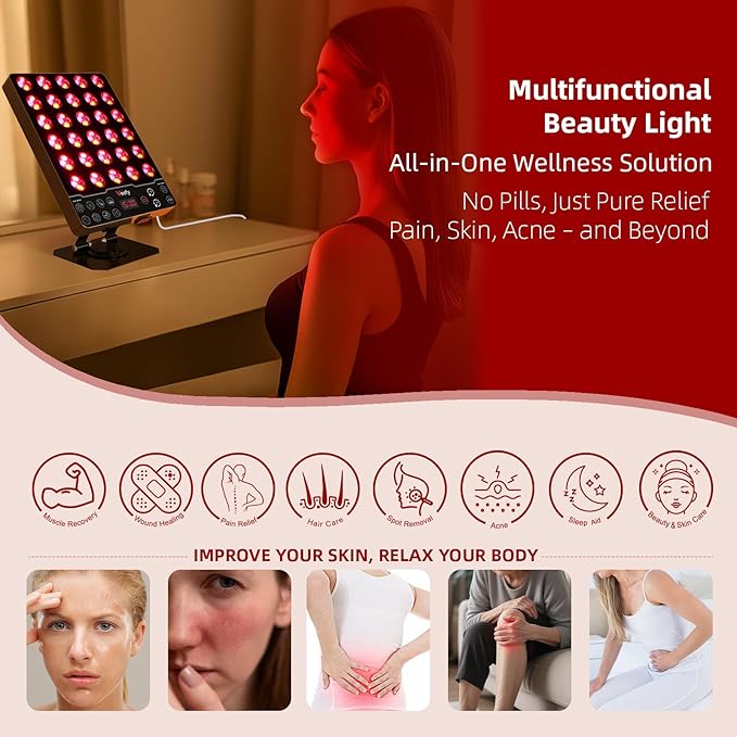 Red Light Therapy Panel for Face & Body – 660nm Red, 850nm Infrared, 590nm Yellow & 415nm Blue LED Light Therapy Device with Timer & Auto/Manual Modes Remote Control
