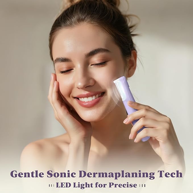 BNU Dermaplaning Tool for Face, Dermaplane Razor for Women Face LED Light Facial Exfoliation & Peach Fuzz Hair Removal, 3 Speeds Rechargeable Sonic Edge Technology 10 Refill Blades Purple