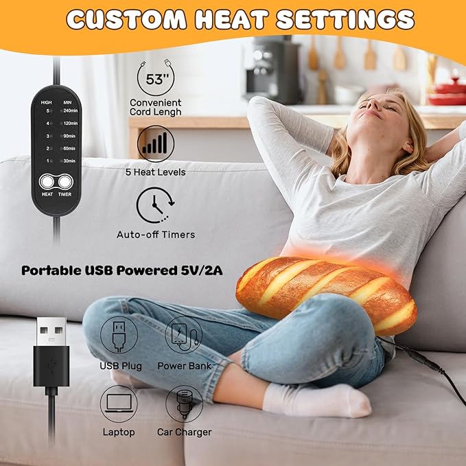 Bread Heating Pad for Period Cramps Menstrual Pain Relief, Portable Electric Heat Pads USB Powered, Funny Baguette Bread Plush Pillow Stuffed, Cute Gifts for Women Teen Girls Birthday Christmas