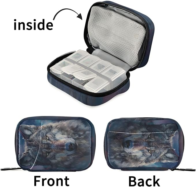 Wolf Weekly Pill Organizer Case Black Travel Portable Pill Bag for Medicine Vitamin Large Capacity Zipper Medicine Organizer