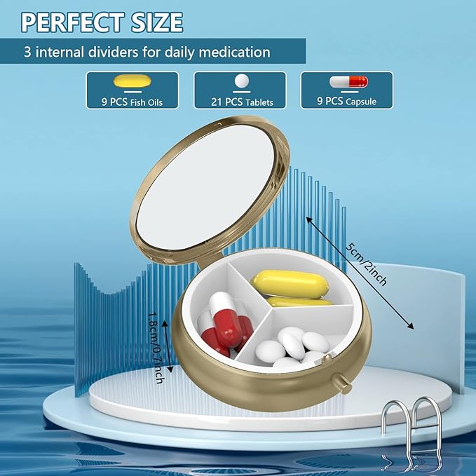 Pill Organizer Pill Box with Mirror Retro Small Pill Case for Purse or Pocket Bronze Pill Box or Vitamins, Fish Oil, Supplements, Pill Containe Travel Gifts（2PCS-Vintage Floral）